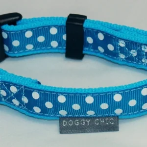 Doggy Chic Teal Polka Dot Adjustable Collar on Baby Blue Webbing with Plastic Hardware