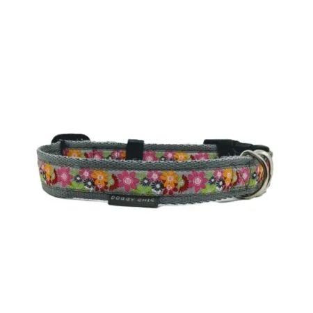 Pink Flowers Dog Collar on grey cushion webbing